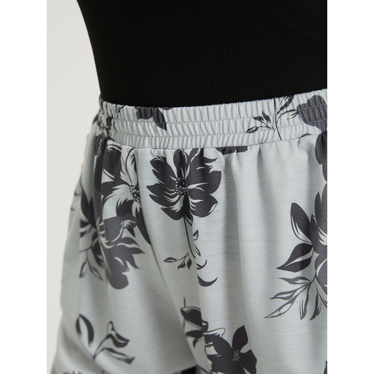 Silhouette Floral Print Pocket Elastic Waist Sweatpants DarkGray Plus Size Women Casual Everyday Elastic Waist 14-16/1X Bloomchic Product Image
