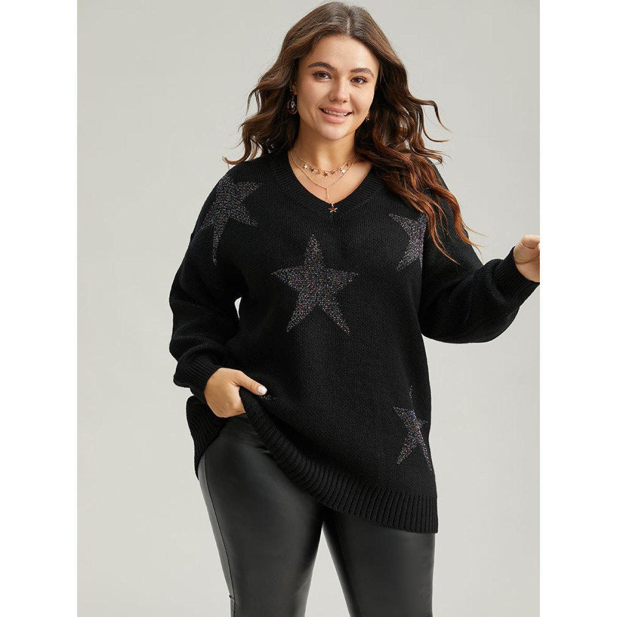 Plus Size V Neck Plain Star Luxe Pullover Black Women Casual Loose Long Sleeve V-neck Dailywear Pullovers BloomChic 12/L Product Image