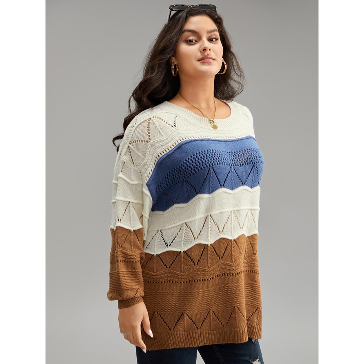 Plus Size Contrast Eyelet Patchwork Elastic Cuffs Pullover Multicolor Women Casual Loose Long Sleeve Round Neck Dailywear Pullovers BloomChic 28/5X Product Image