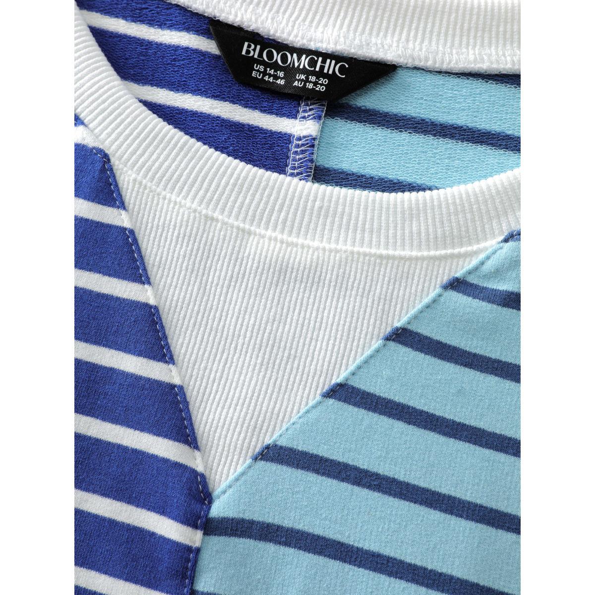 Plus Size Color Contrast Stripe Print V-Neck Sweatshirt Women Mediumblue Playful Contrast Round Neck Casual Sweatshirts BloomChic 30/6X Product Image