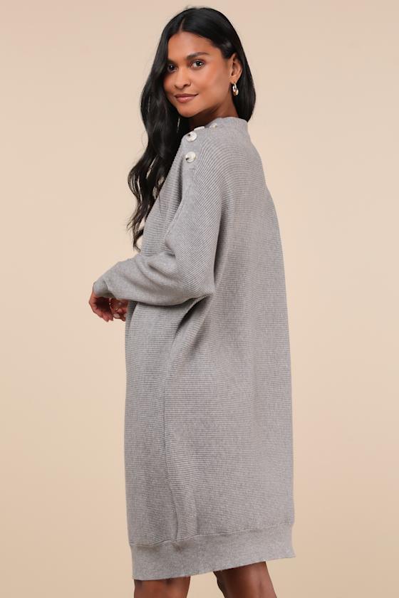 Cozy Stroll Grey Mock Neck Button Mini Sweater Dress Product Image