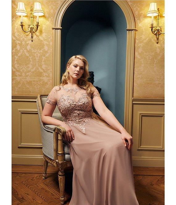 Xscape Plus Size Illusion Boat Neck Embroidered Sequin Bodice Chiffon Gown Product Image