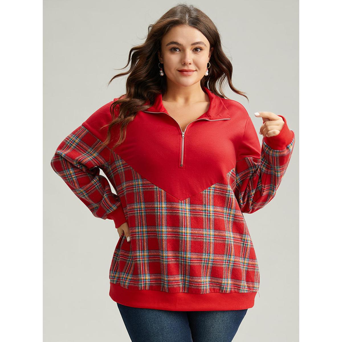 Plus Size Plaid Patchwork Zipper Lapel Collar Sweatshirt Women Red Casual Elastic cuffs Lapel Collar Festival-Christmas Sweatshirts BloomChic 14-16/1X Product Image