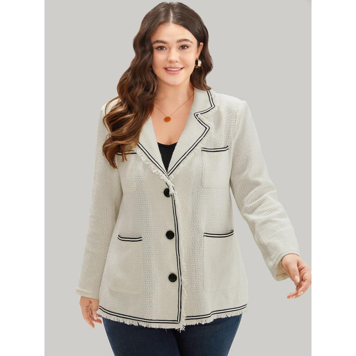Plus Size Lapel Collar Tweed Contrast Fuzzy Trim Blazer White Women Office Plain Texture Sleeve Long Sleeve Lapel Collar 18-20/2X Pocket Office Blazers BloomChic Product Image