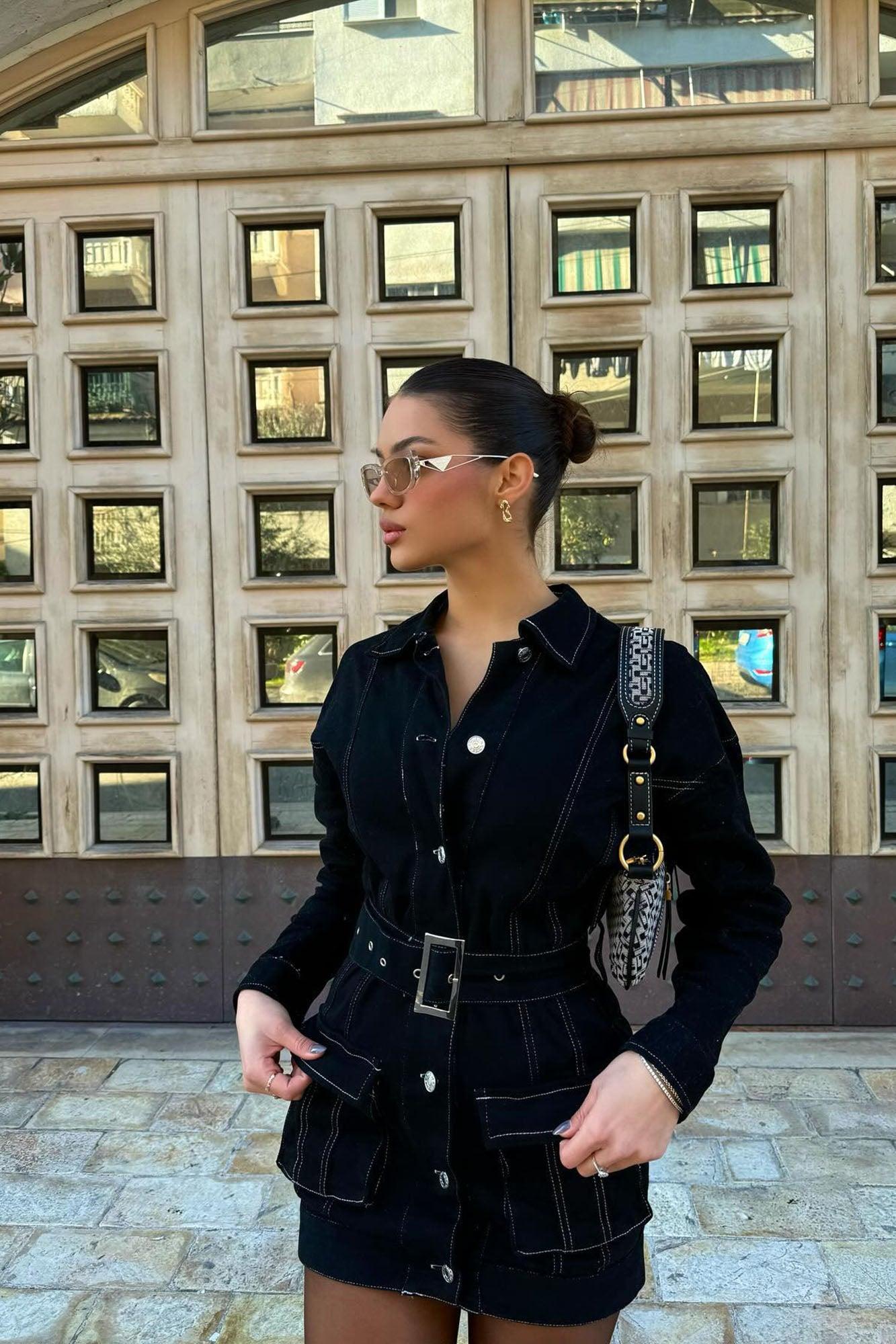 Stephanie Denim Mini Dress - Black Product Image