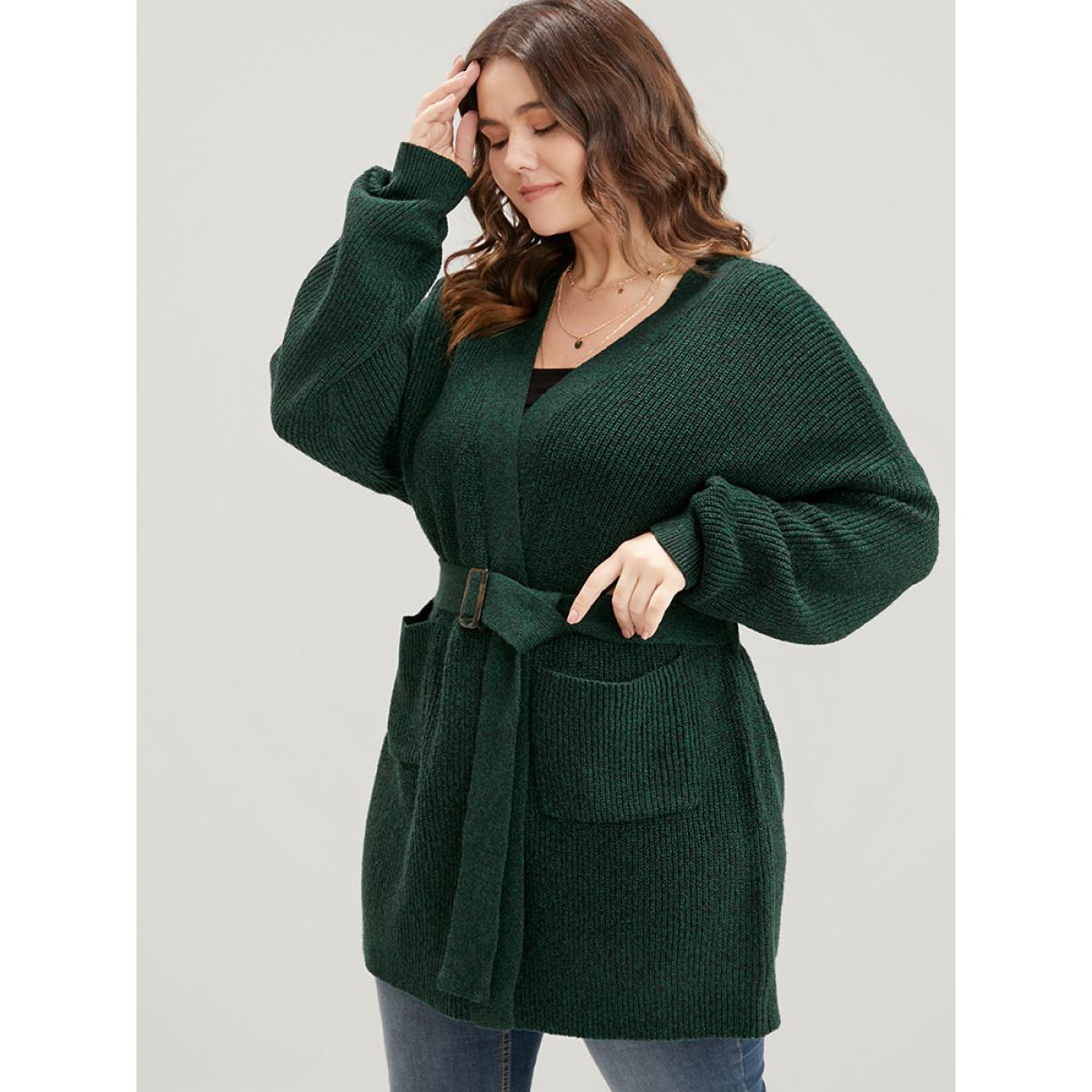 Plus Size Soft Pointelle Knit Pocket Belted Open Front Cardigan Cyan Women Casual Loose Long Sleeve Dailywear Cardigans BloomChic 28/5X Product Image
