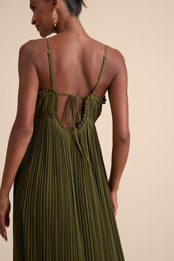 Delina Olive Plisse Chiffon Tie-Back Maxi Dress Product Image