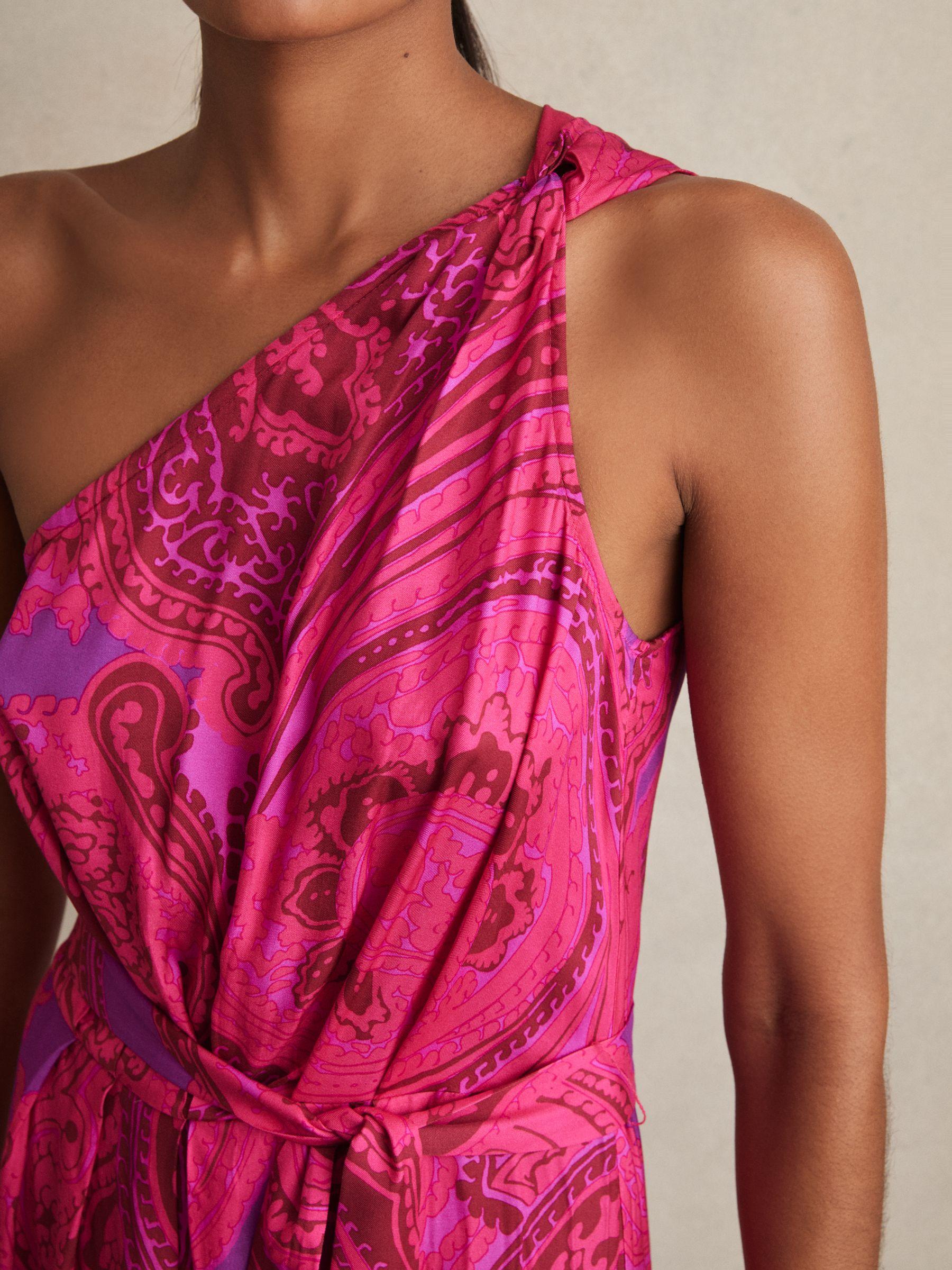 Paisley-Print One-Shoulder Midi Dress in Pink Product Image