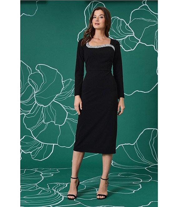 Maggy London Scuba Crepe Bodycon Embellished Square Neckline Long Sleeve Midi Dress Product Image