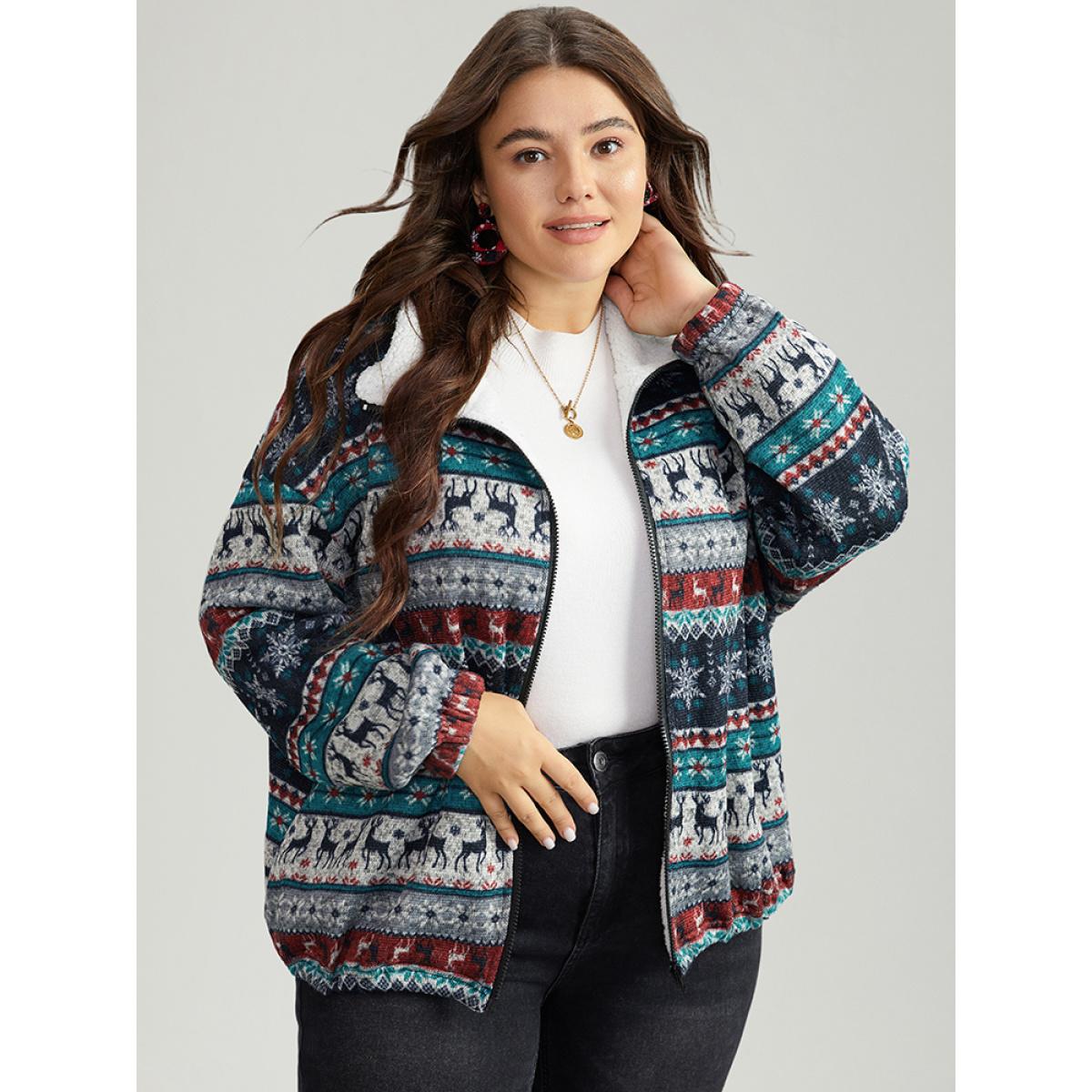 Plus Size Patchwork Contrast Drawstring Zipper Jacket Women Multicolor Elastic cuffs Dailywear Jackets BloomChic 14-16/1X Product Image