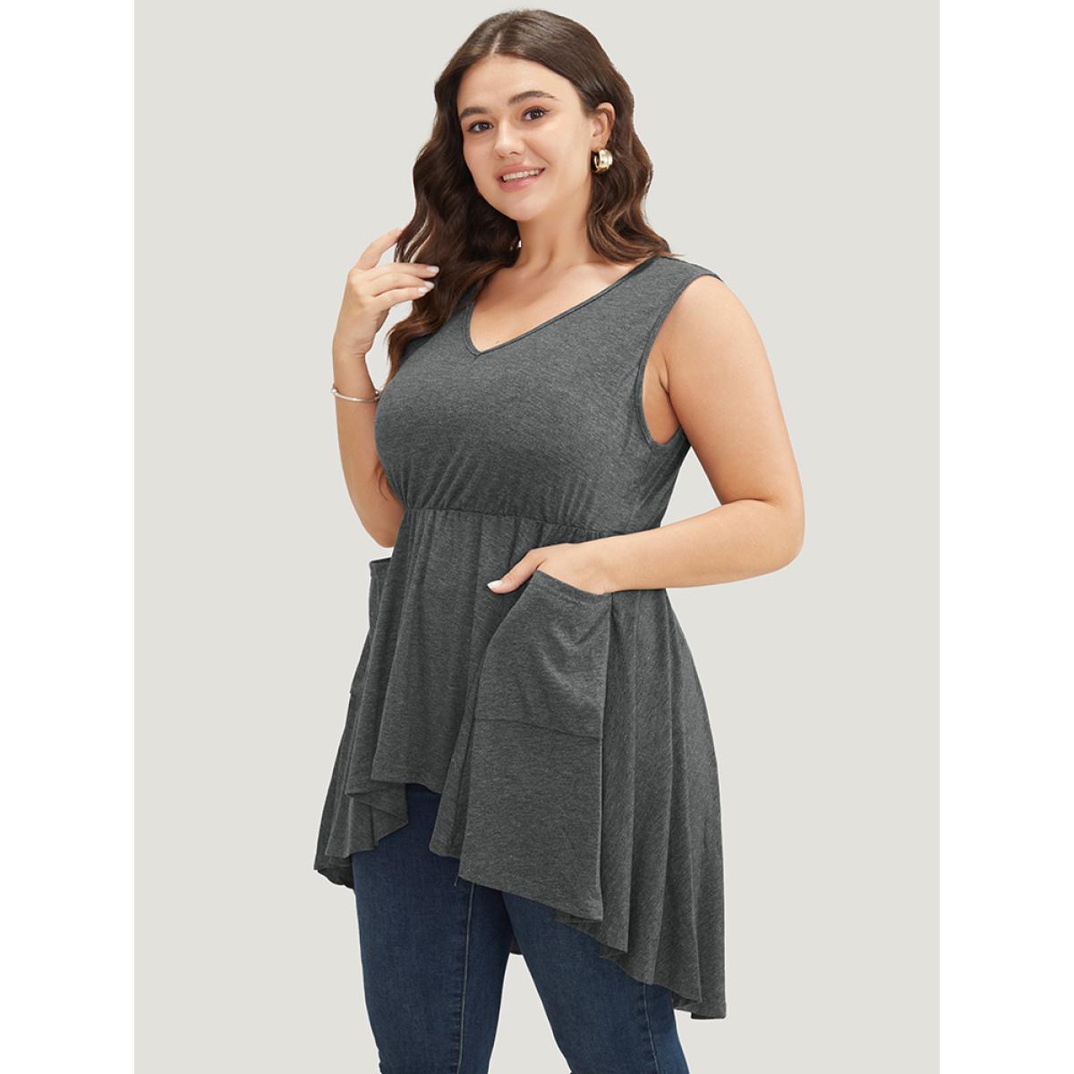 Plus Size Plain Ruffle Pocket High Low Hem Tank Top Women DarkGray Elegant Ruffles V-neck Dailywear Tank Tops Camis BloomChic 10/M Product Image