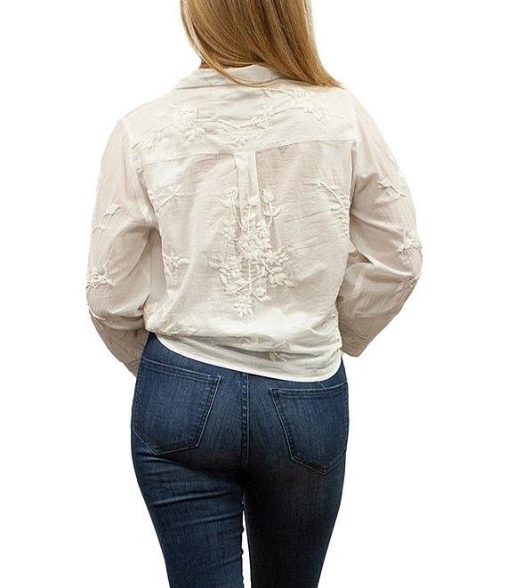 Karyn Seo Alanis Hand-Embroidered Spread Collar Long Sleeve Button-Front Self-Tie Blouse Product Image