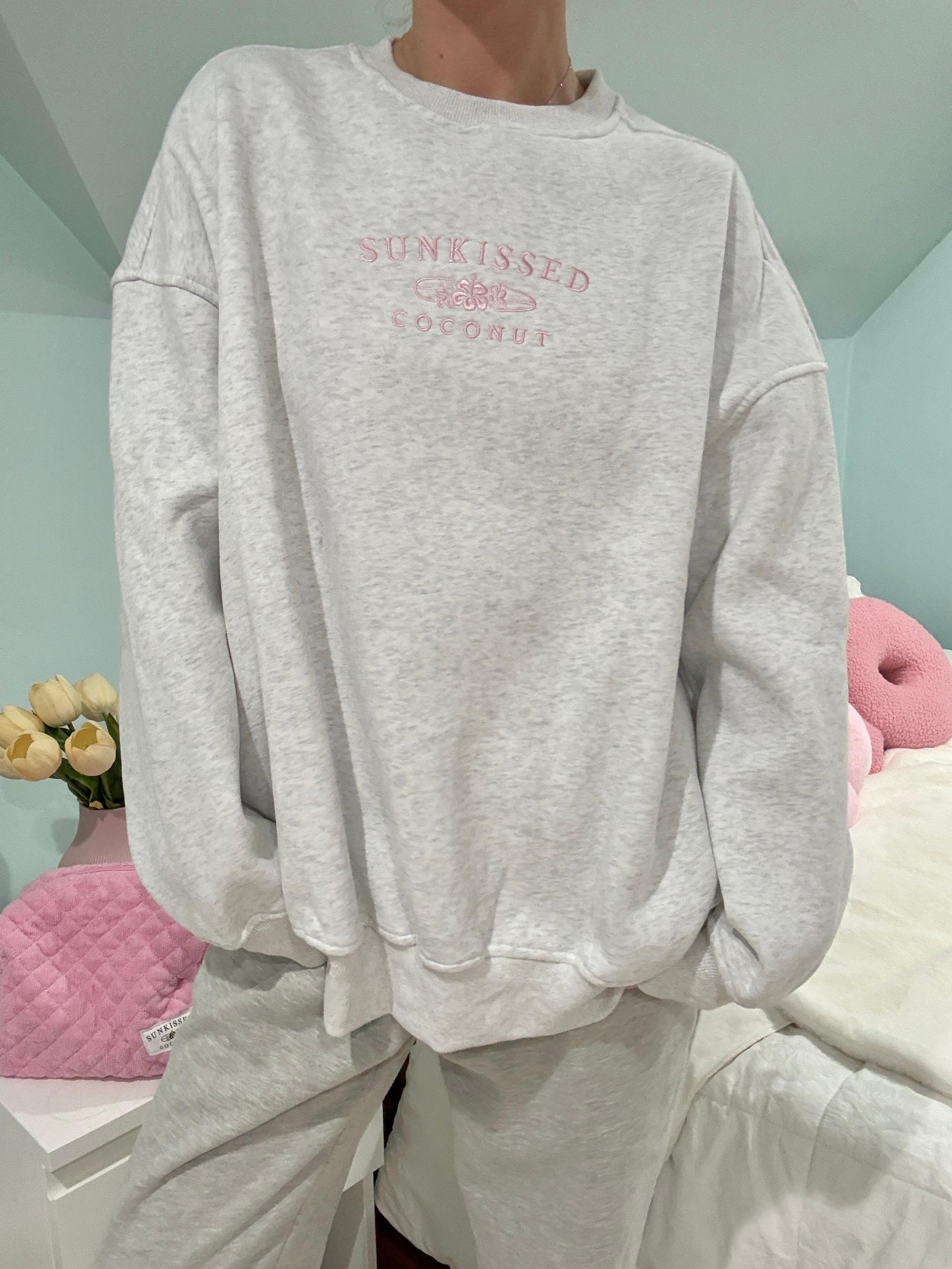 Pearl Grey and Pink Thread Sunkissedcoconut Embroider Sweatshirt Product Image