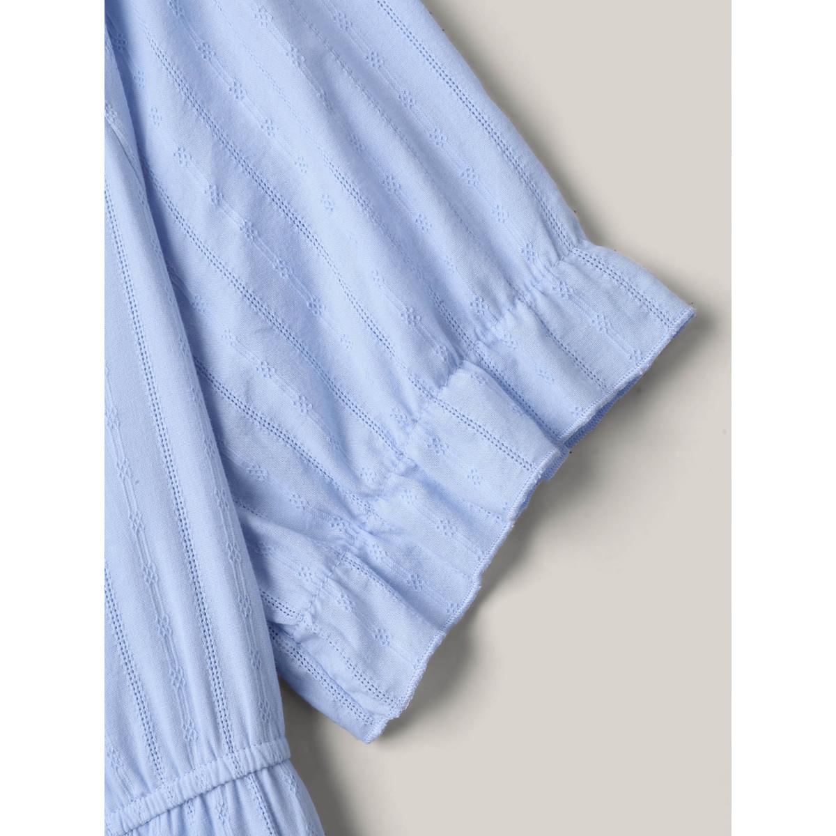 Plus Size Cotton Textured Neck-Tie Pockets Midi Dress LightBlue Women Round Neck Short sleeve Curvy BloomChic 28/5X Product Image