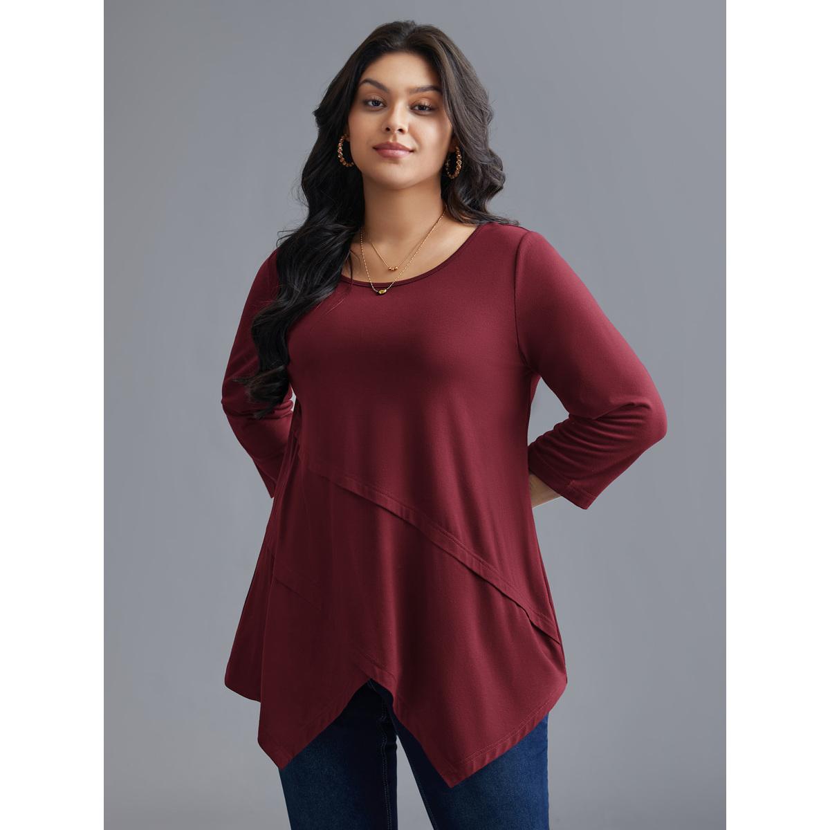 Plus Size Asymmetrical Hem Overlap Long T-shirt DarkBrown Women Leisure Tucked seam Round Neck Loose Casual T-shirts BloomChic 28/5X Product Image