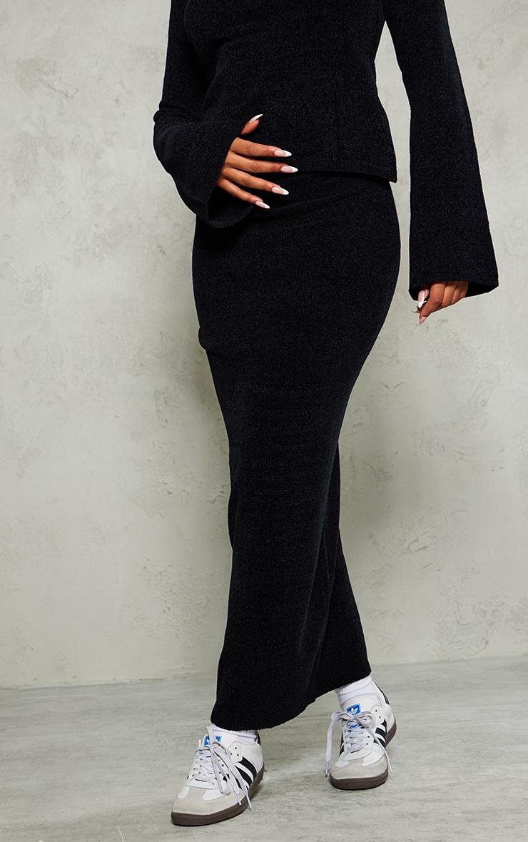 Black Soft Textured Knit Maxi Skirt Product Image