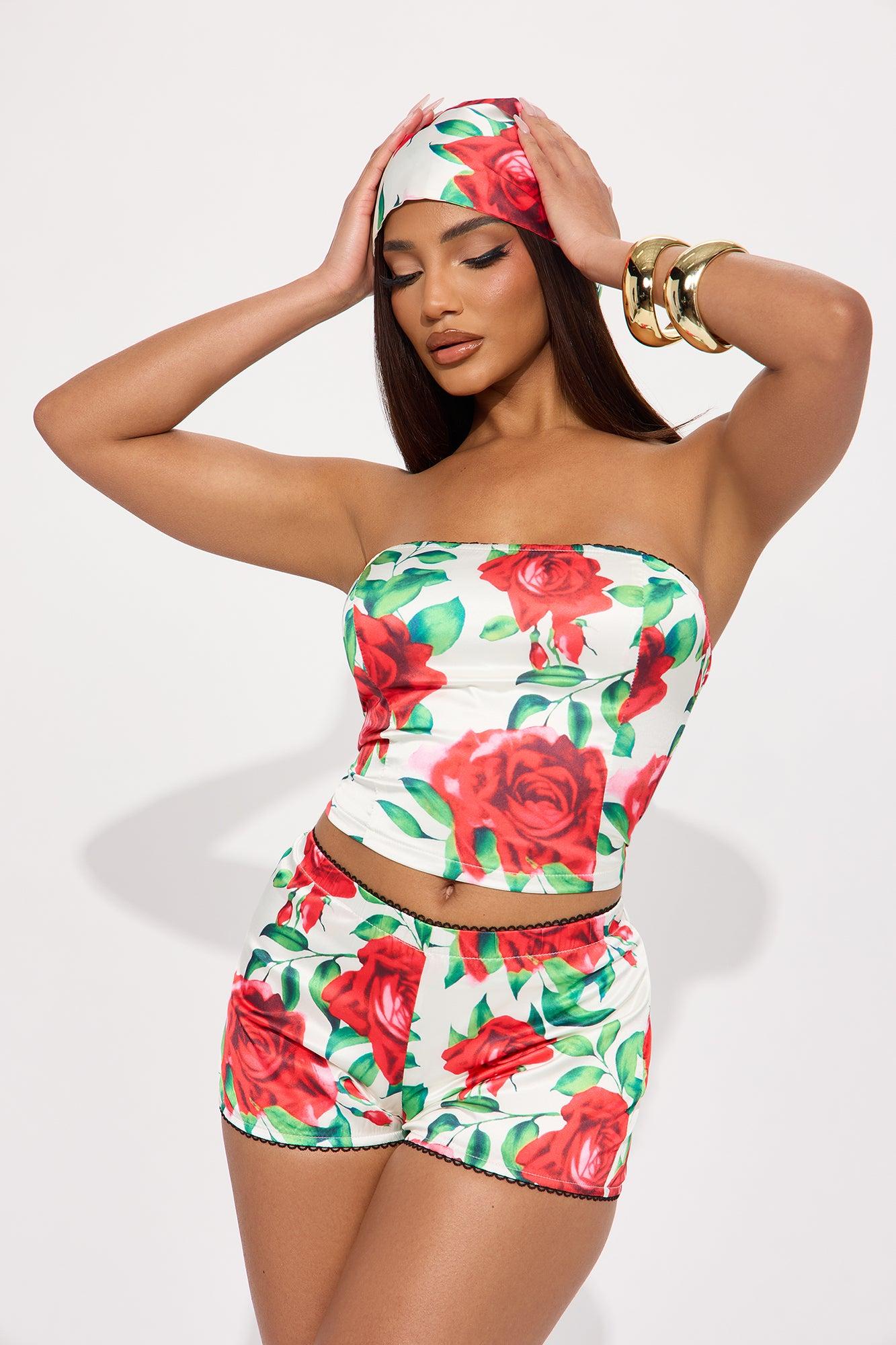 Full Bloom Satin 3 Piece Short Set - Red/combo Product Image