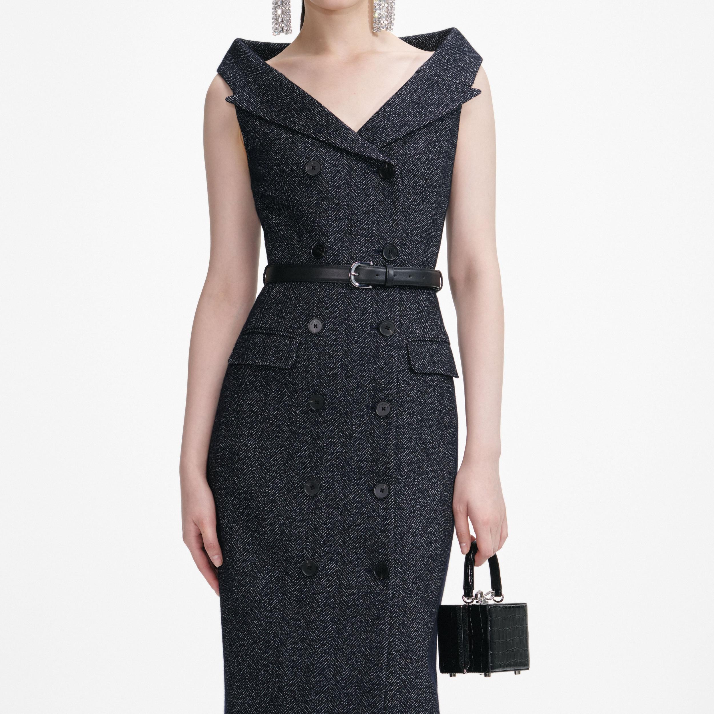 Navy Herringbone Wool Midi Dress Product Image