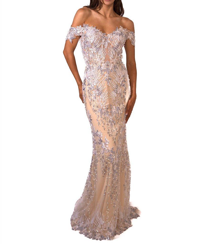 Terani Couture Embroidered Sequin Off-The-Shoulder Neck Short Sleeve Gown Product Image