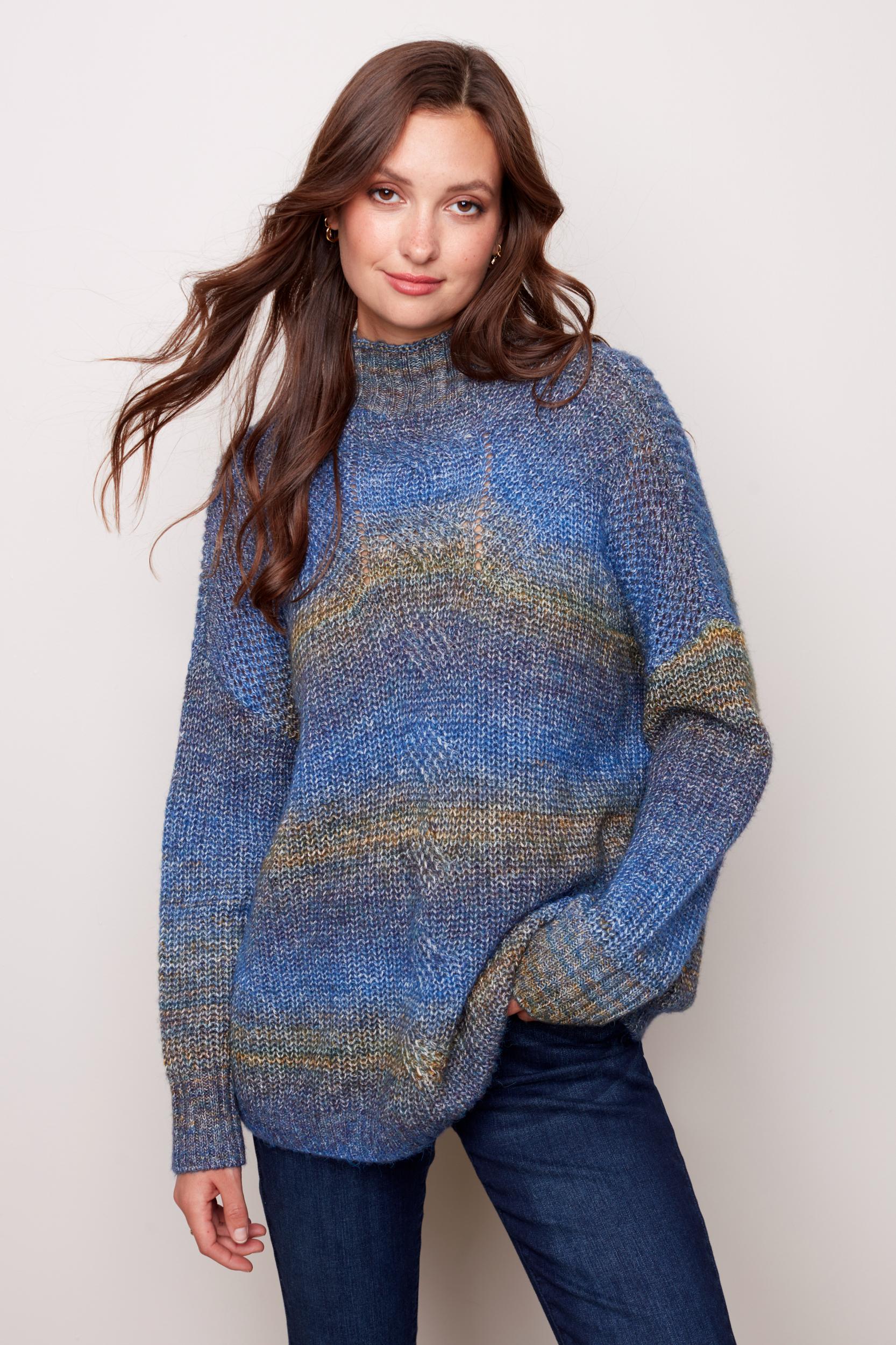 Funnel Neck Sweater with Cable and Decorative Stitches Product Image