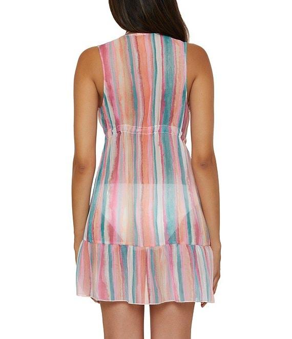 Lucky Brand Porto Covo Water Color Placement Print Tie Front Tunic Swim Cover-Up Product Image