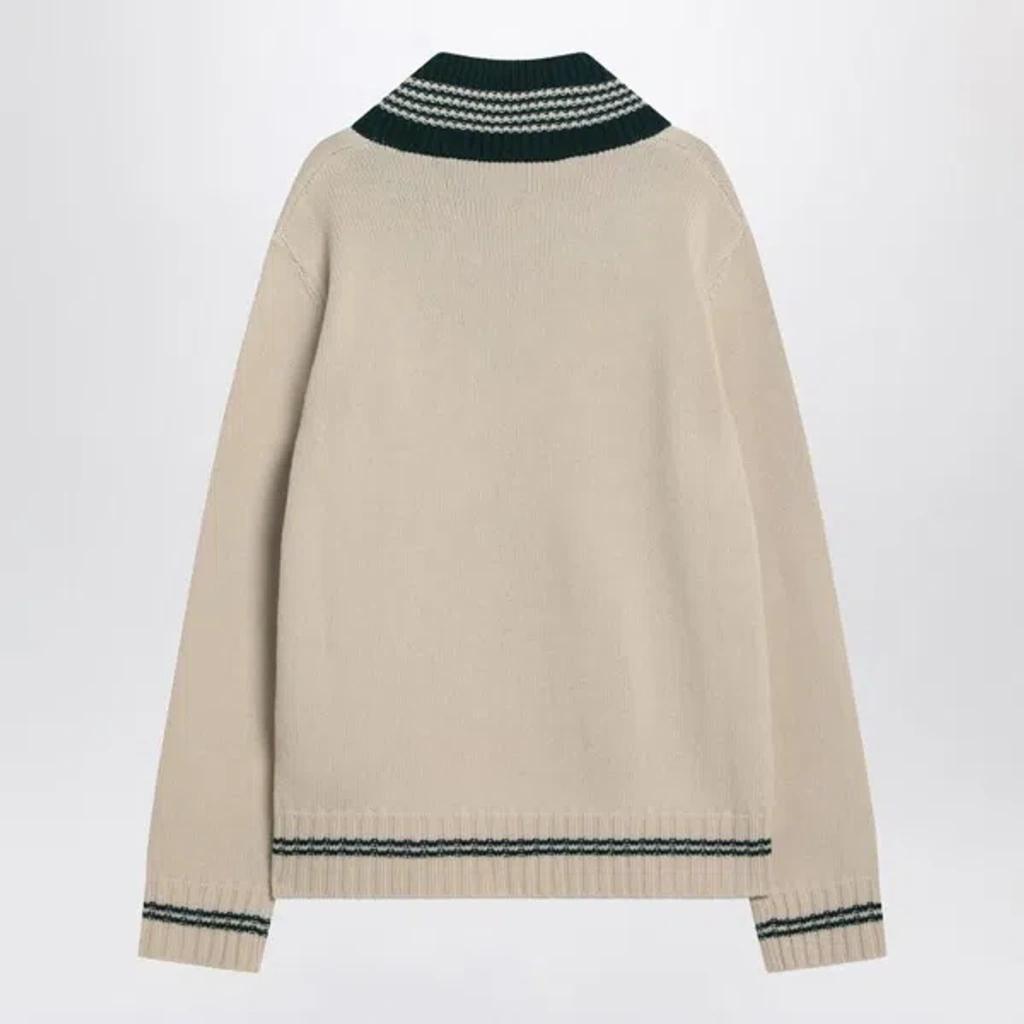 VALENTINO Embroidered V-neck Crewneck Sweater With Ribbed Trim In White Product Image