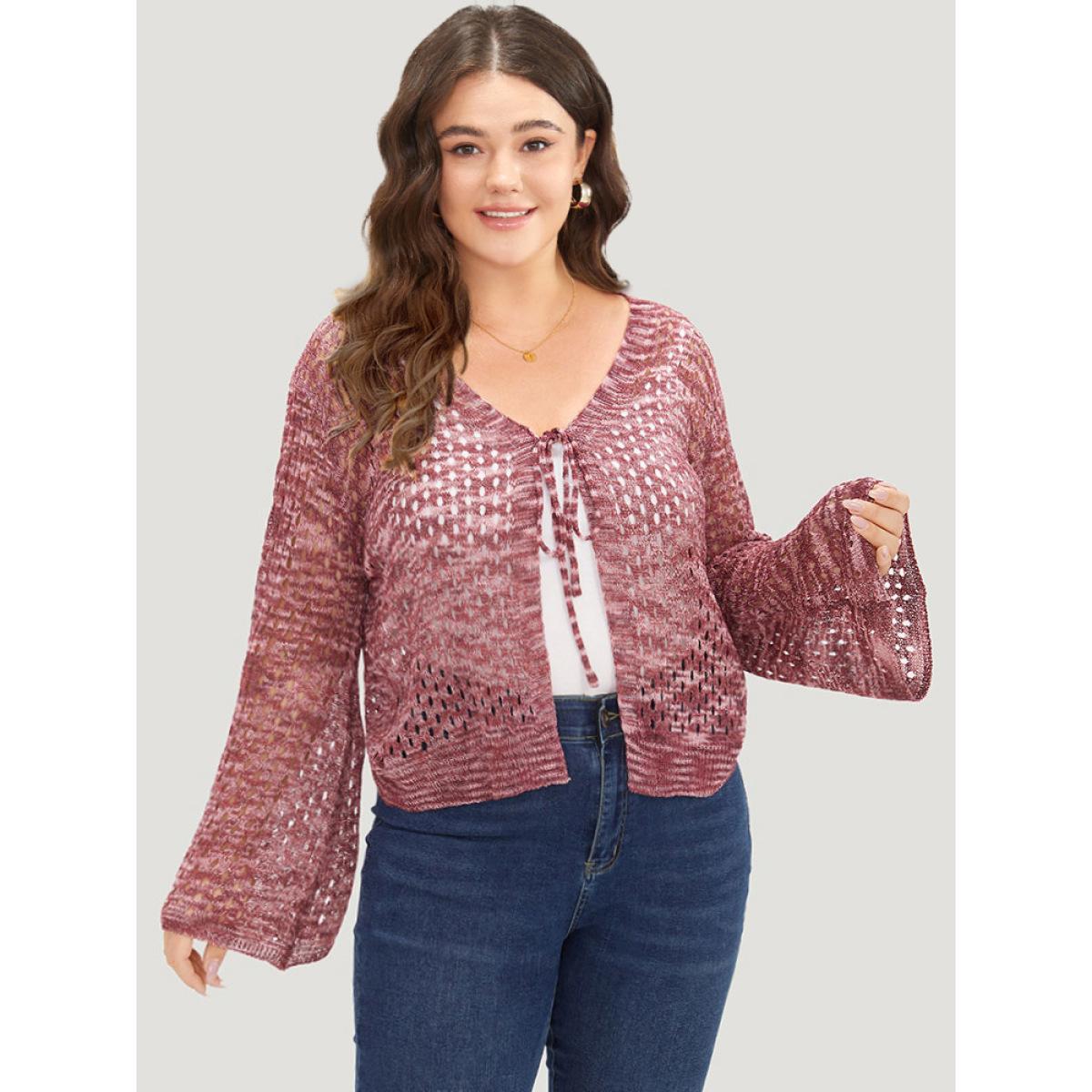 Plus Size Geometric Eyelet Bell Sleeve Ties Front Cardigan Maroon Women Casual Loose Long Sleeve Everyday Cardigans BloomChic 12/L Product Image