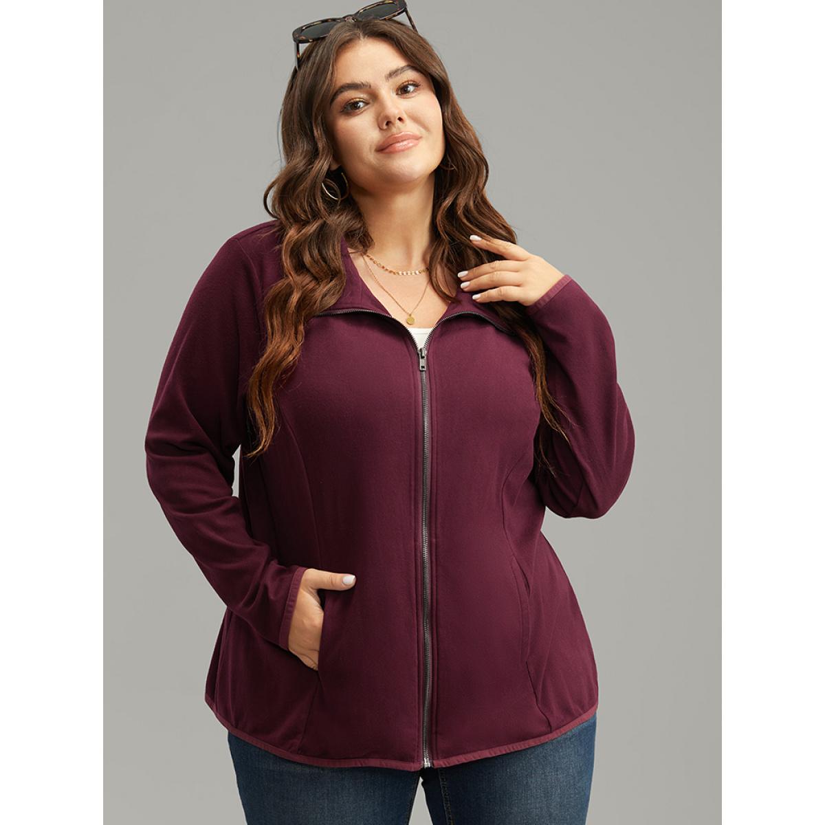 Plus Size Plain Zipper Fly Lapel Collar Jacket Women Burgundy Plain Pocket Dailywear Jackets BloomChic 18-20/2X Product Image