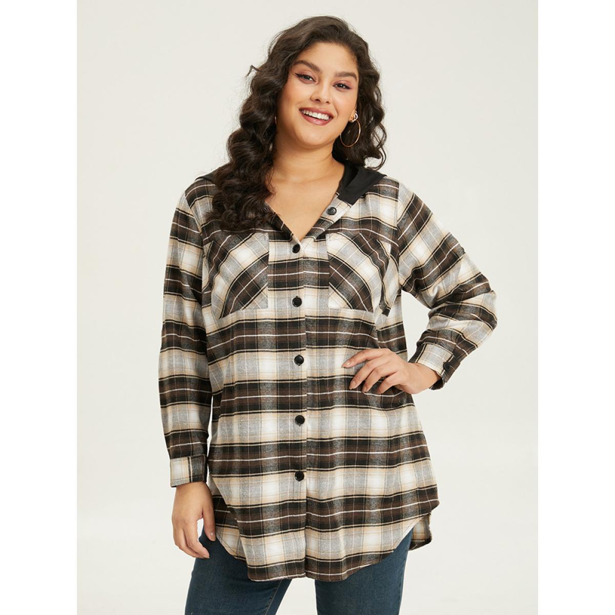 Plus Size Plaid Button Up Hooded Patchwork Shacket Women DarkBrown Contrast Pocket Everyday Jackets BloomChic 14-16/1X Product Image
