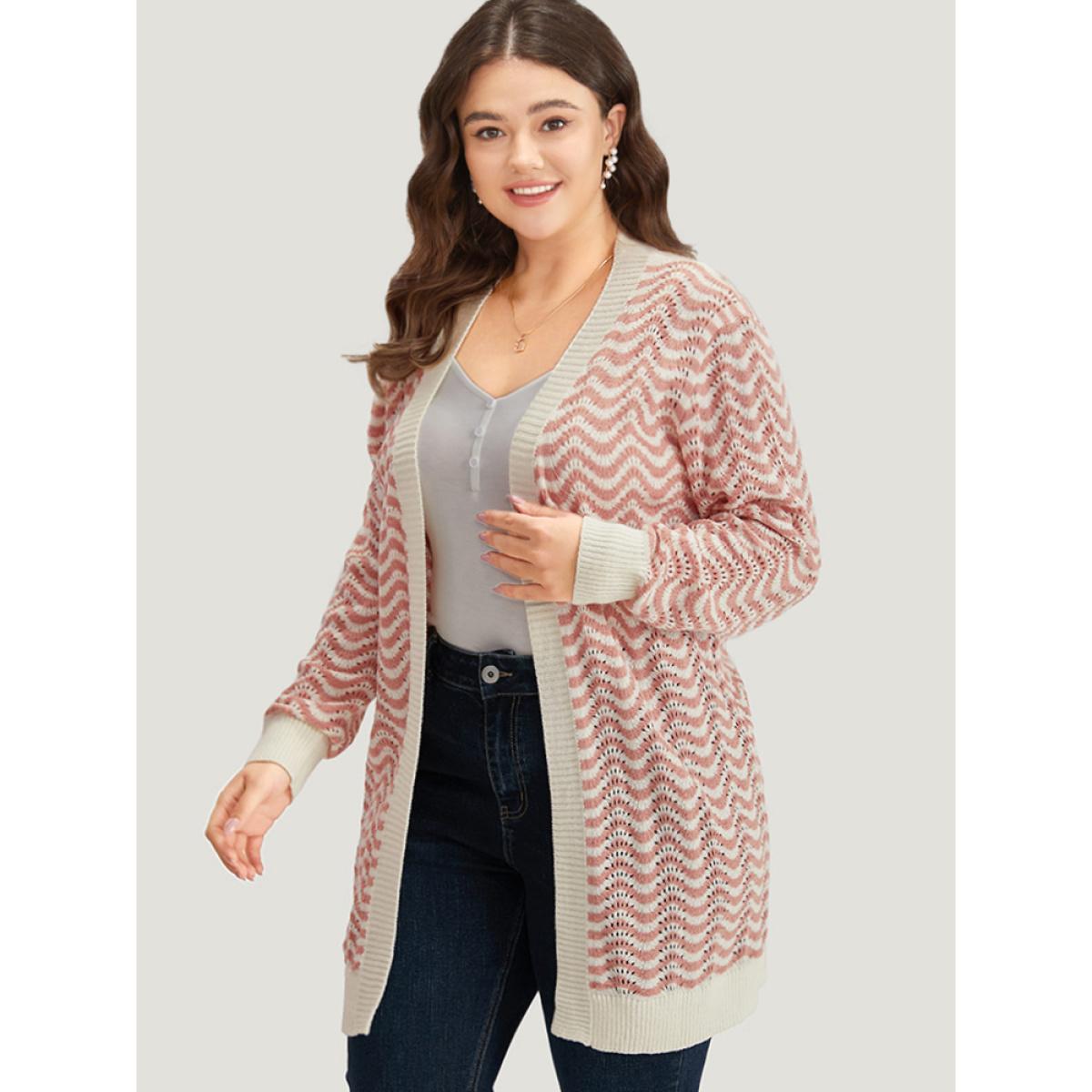 Plus Size Water Ripple Open Front Tunic Cardigan Pink Women Casual Loose Long Sleeve Dailywear Cardigans BloomChic 22-24/3X Product Image