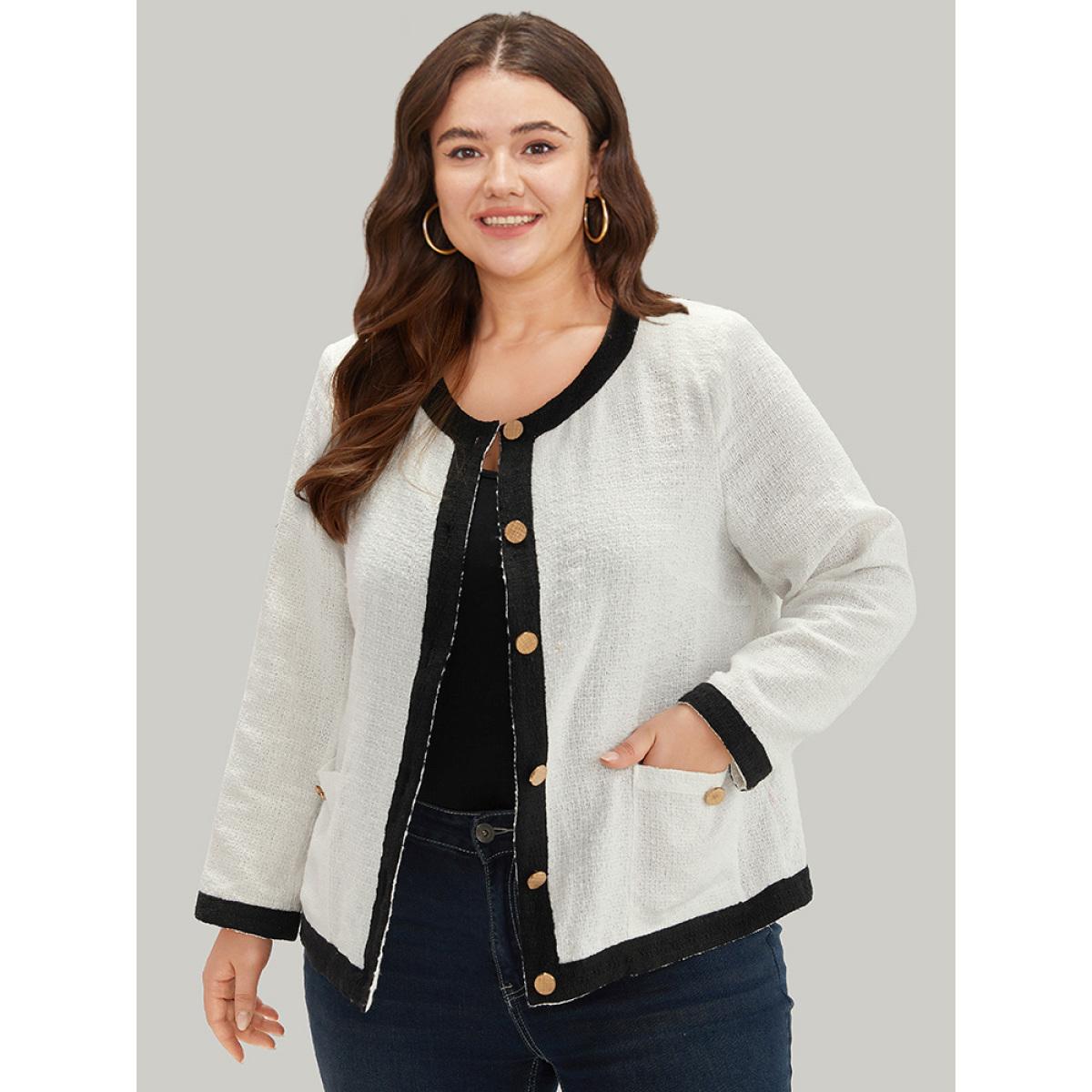 Plus Size Two Tone Tweed Buckle Detail Pocket Blazer White Women Office Plain Texture Sleeve Long Sleeve Round Neck 14-16/1X Pocket Work From Home Blazers BloomChic Product Image