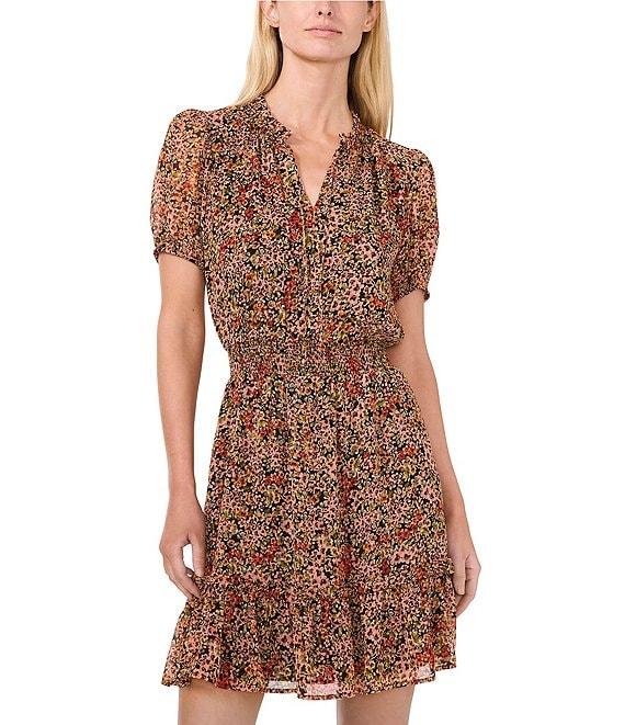 CeCe V-Neck Short Sleeve Floral Print Tie Front A-Line Dress Product Image