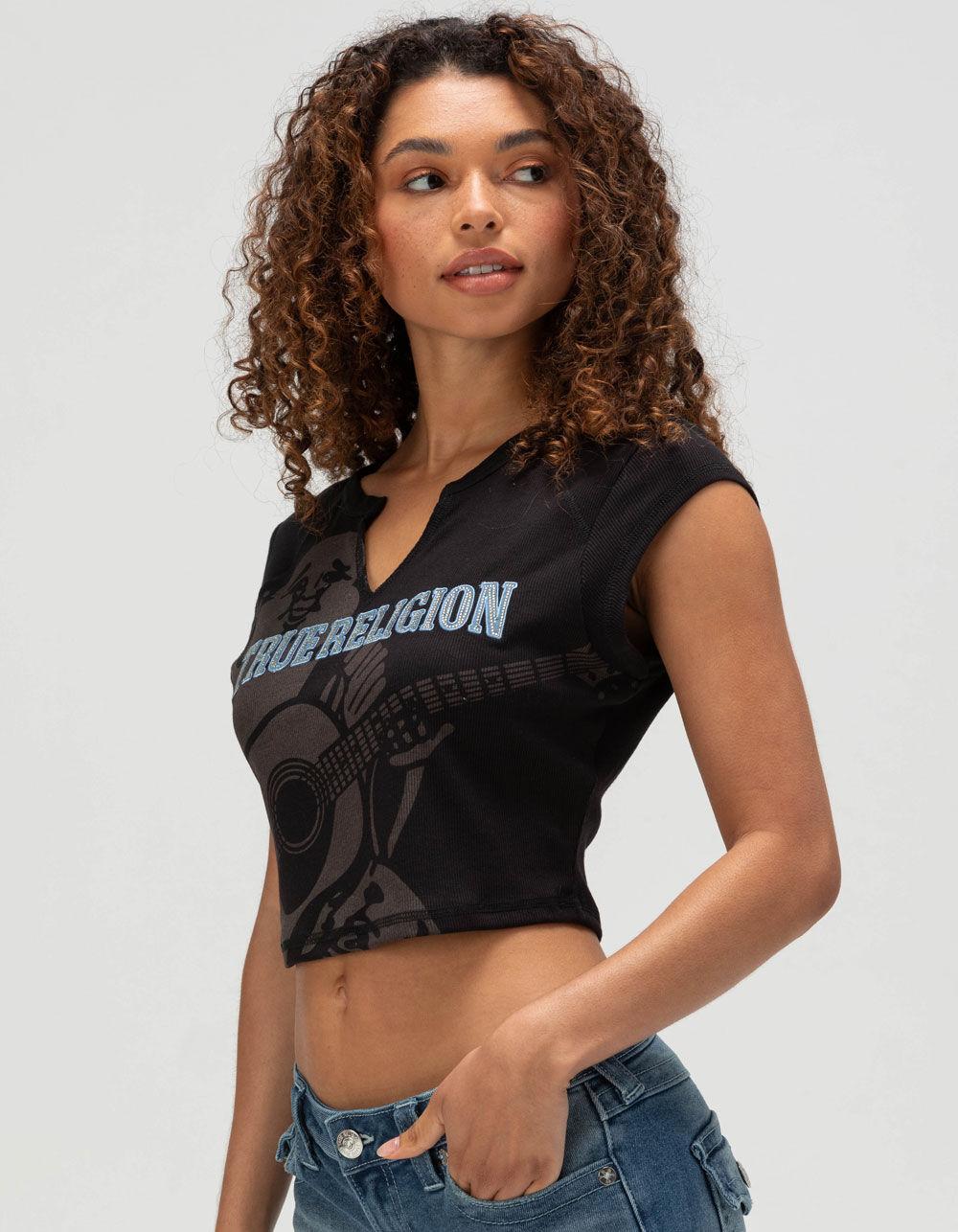 TRUE RELIGION Crystal Buddha Notch Womens Baby Tee - BLACK Product Image