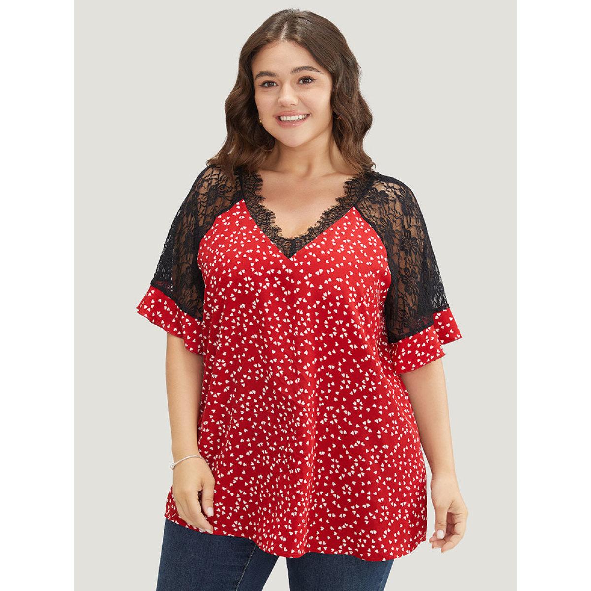 Plus Size Scarlet Heart Print Contrast Lace Ruffle Sleeve Blouse Women Elegant Half Sleeve V-neck Dailywear Blouses BloomChic 10/M Product Image