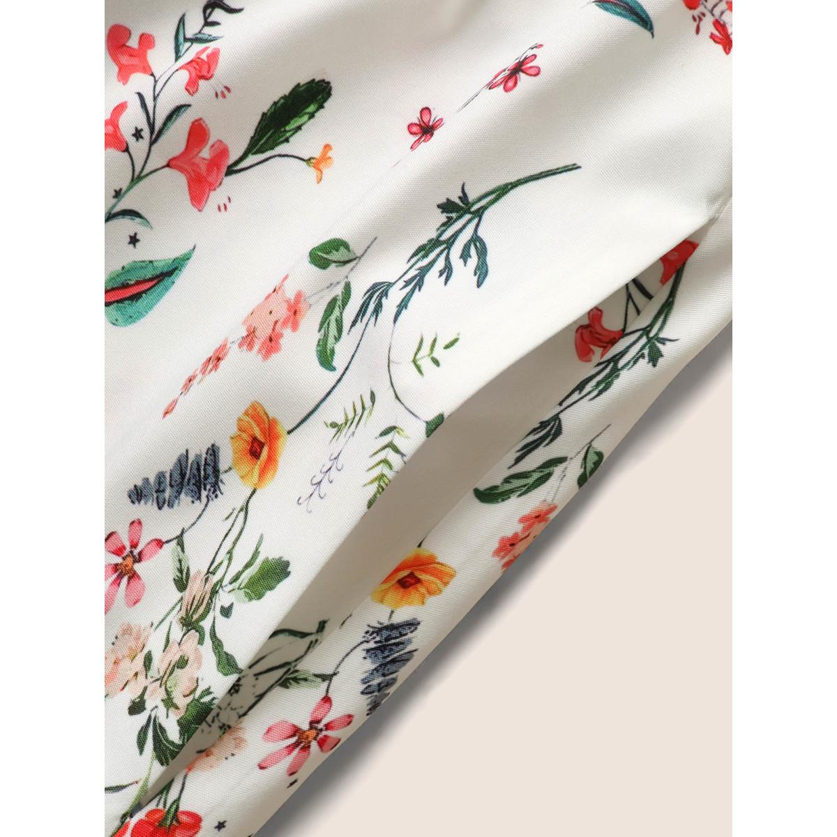 Plus Size Heart Neckline Floral Print Tie Knot Dress Originalwhite Women Elegant Tie knot Heart neckline Half Sleeve Curvy BloomChic 18-20/2X Product Image