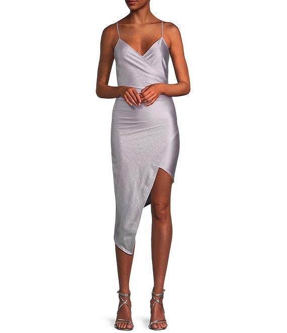 Honey and Rosie Spaghetti Strap Asymmetrical Hem Faux-Wrap Shimmery Stretch Satin Dress Product Image