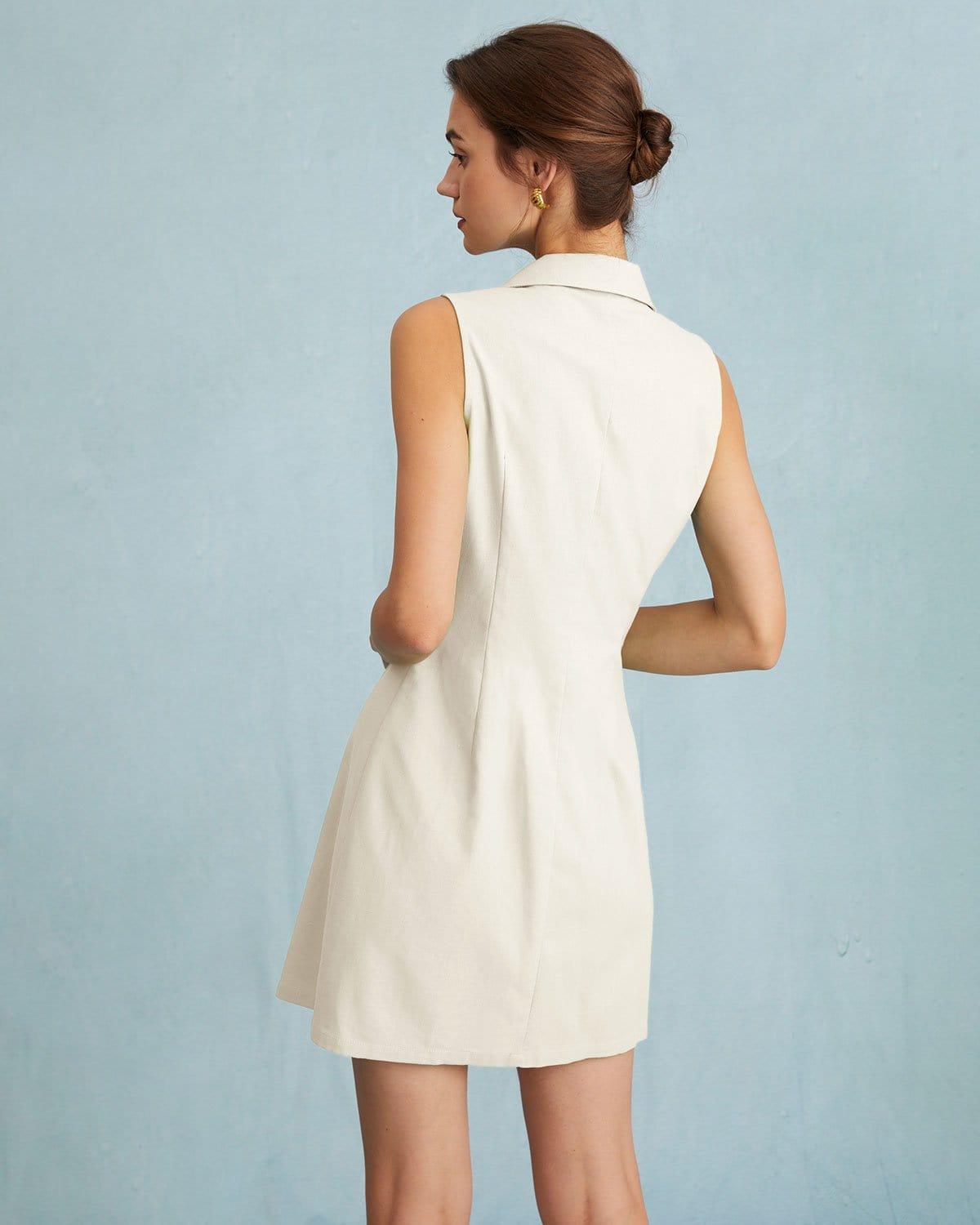 The Beige Lapel Button-up Sleeveless Mini Dress Product Image