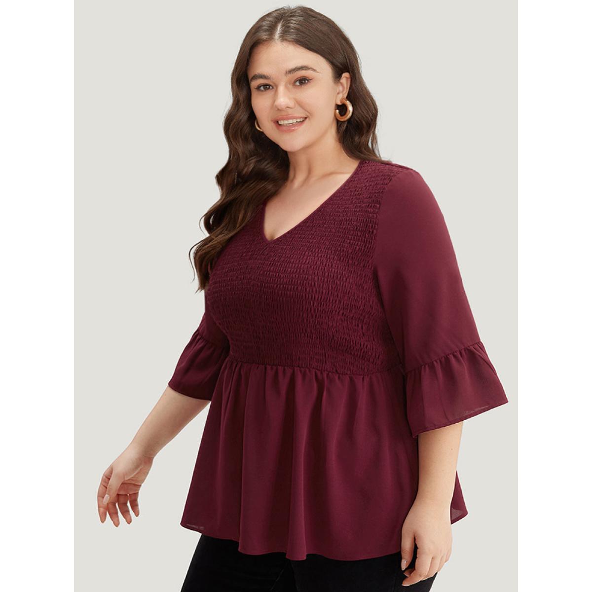 Plus Size Scarlet Plain Shirred Patchwork Ruffle Trim V Neck Blouse Women Elegant Half Sleeve V-neck Dailywear Blouses BloomChic 22-24/3X Product Image