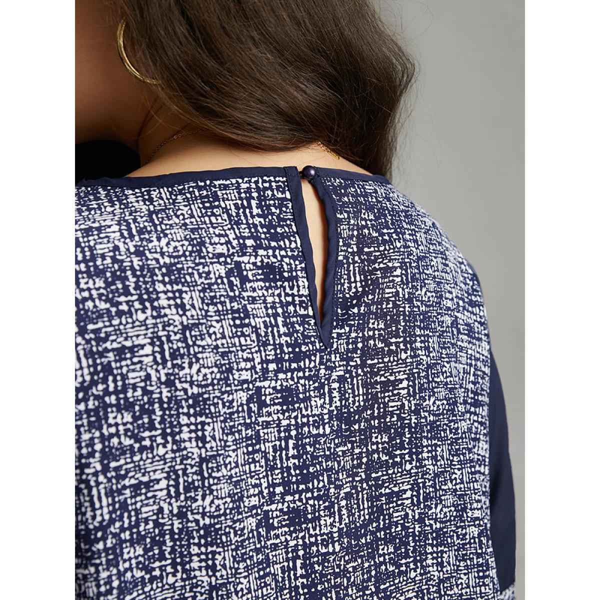 Plus Size DarkBlue Patchwork Crew Neck Ruffle Sleeve Blouse Women Vacation Long Sleeve Round Neck Dailywear Blouses BloomChic 22-24/3X Product Image