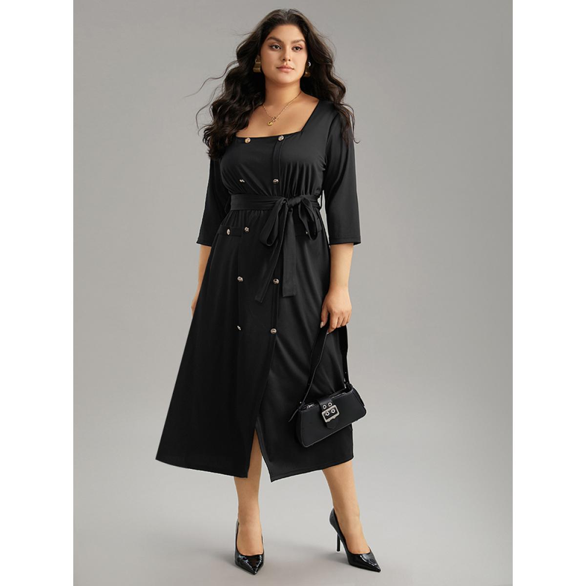 Plus Size Square Neck Metal Detail Belted Gathered Dress Black Women Office Plain Square Neck Elbow-length sleeve Curvy Midi Dress BloomChic 10/M Product Image
