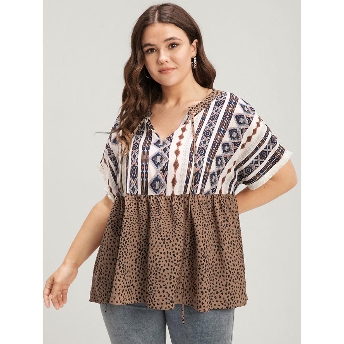 Plus Size DarkBrown Leopard Geometric Contrast Elastic Waist Ties Neck Blouse Women Vacation Short sleeve V-neck Dailywear Blouses BloomChic 10/M Product Image