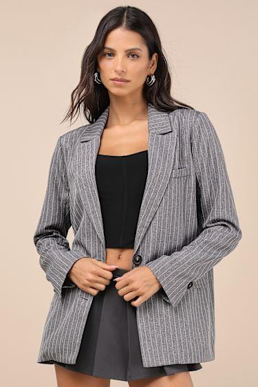 Convincing Charisma Grey Pinstriped Blazer Product Image