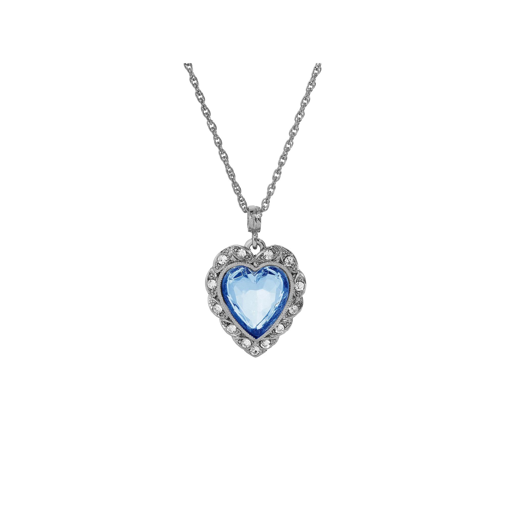 1928 Silver Tone Glass Heart Crystal Accent Necklace, Womens, Blue Product Image