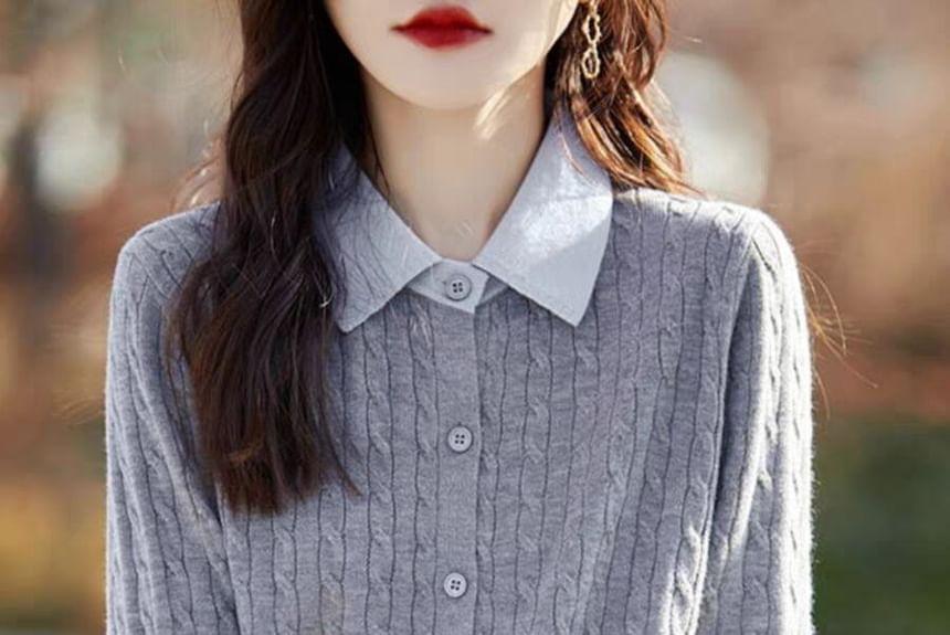 Collar Two Tone Cable-Knit Cardigan Product Image