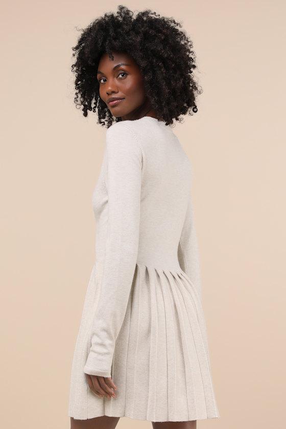Beyond Sweet Heathered Beige Pearl Pleated Mini Sweater Dress Product Image