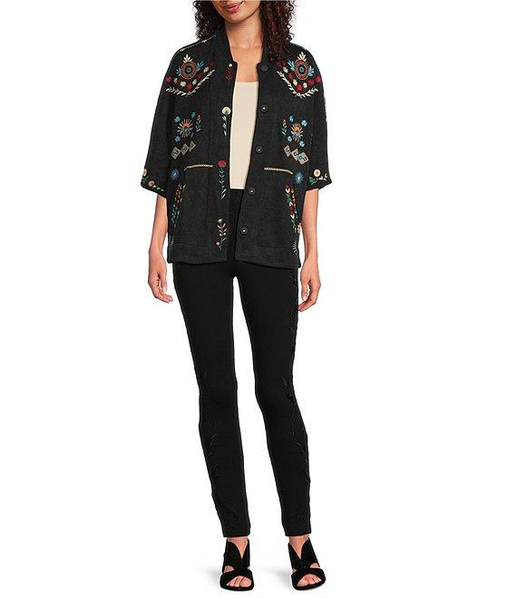 JOHNNY WAS Josiy Embroidered Rib Knit V-Neck 3/4 Sleeve Snap-Front Poncho Jacket Product Image