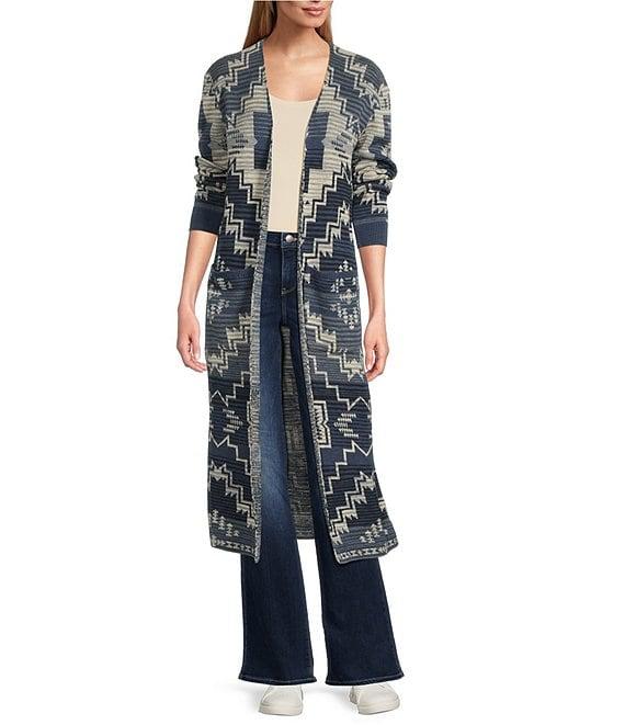 Pendleton Printed Texture Knit Open Front Long Sleeves Duster Sweater Product Image