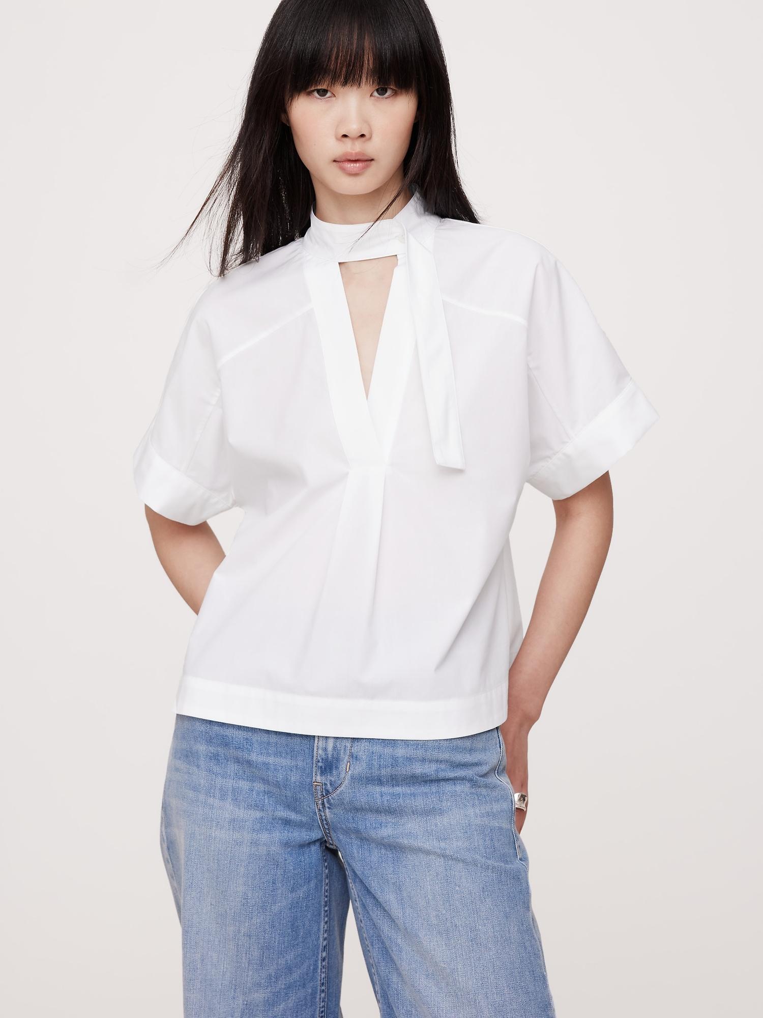 Cotton Poplin Popover Tie-Neck Top Product Image