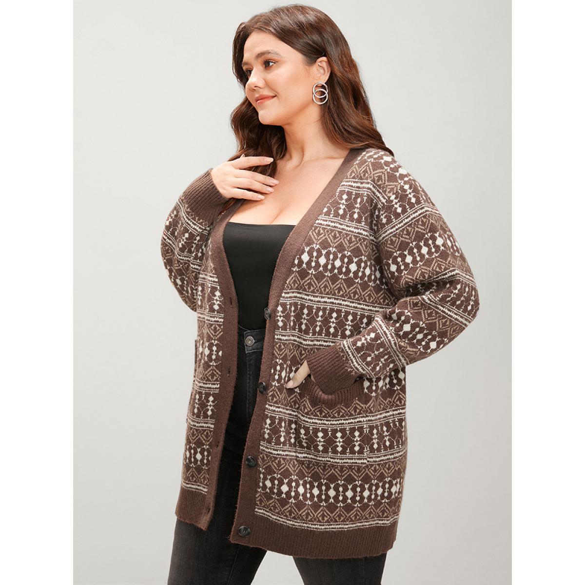 Plus Size Bandana Contrast Super Soft Knit Pocket Open Front Cardigan Tan Women Casual Loose Long Sleeve Dailywear Cardigans BloomChic 28/5X Product Image