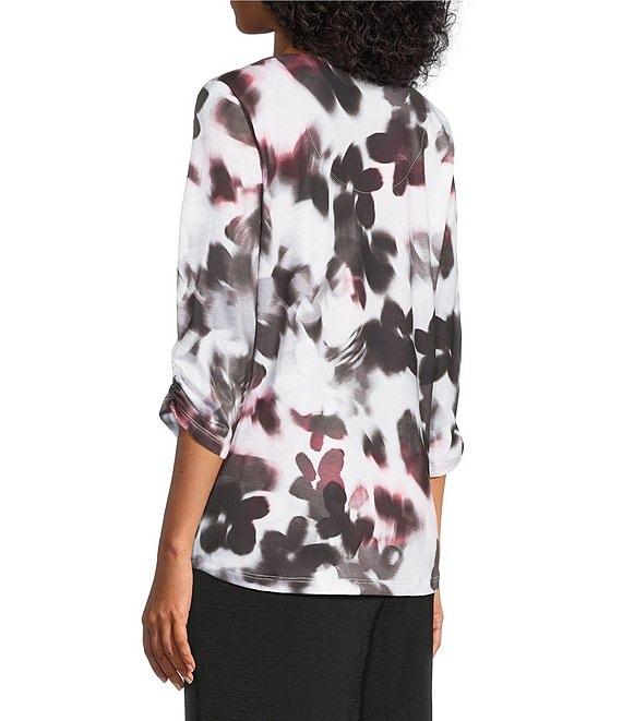 Allison Daley Petite Size Blurry Flower 3/4 Sleeve Split Round Neck Lace Detail Knit Top Product Image